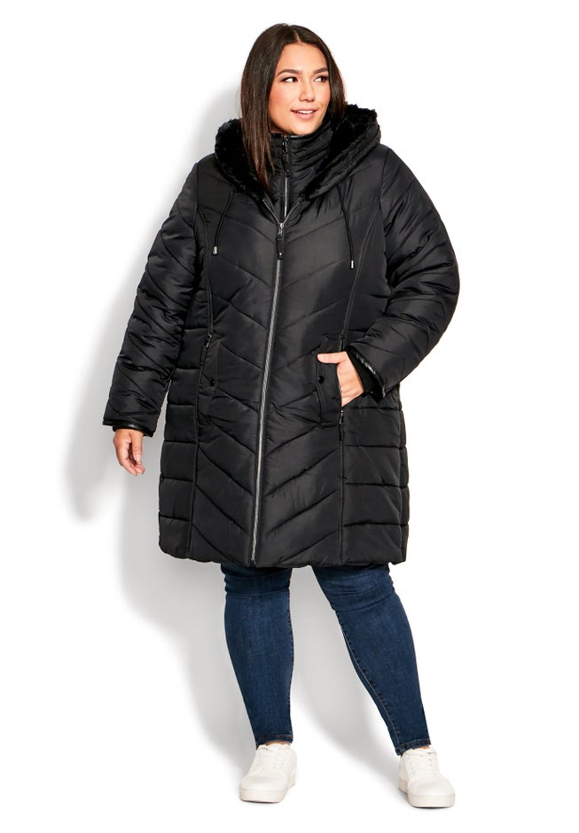 Chevron Faux Fur Hood Long Puffer Coat image number 13