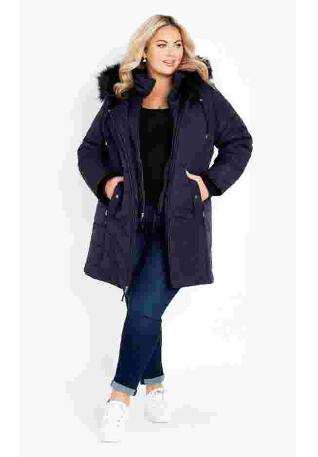 Chevron Faux Fur Hood Long Puffer Coat image number 1