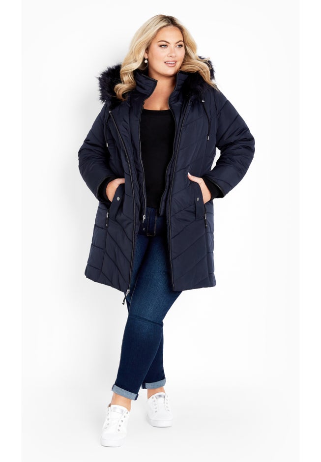 Chevron Faux Fur Hood Long Puffer Coat image number 1