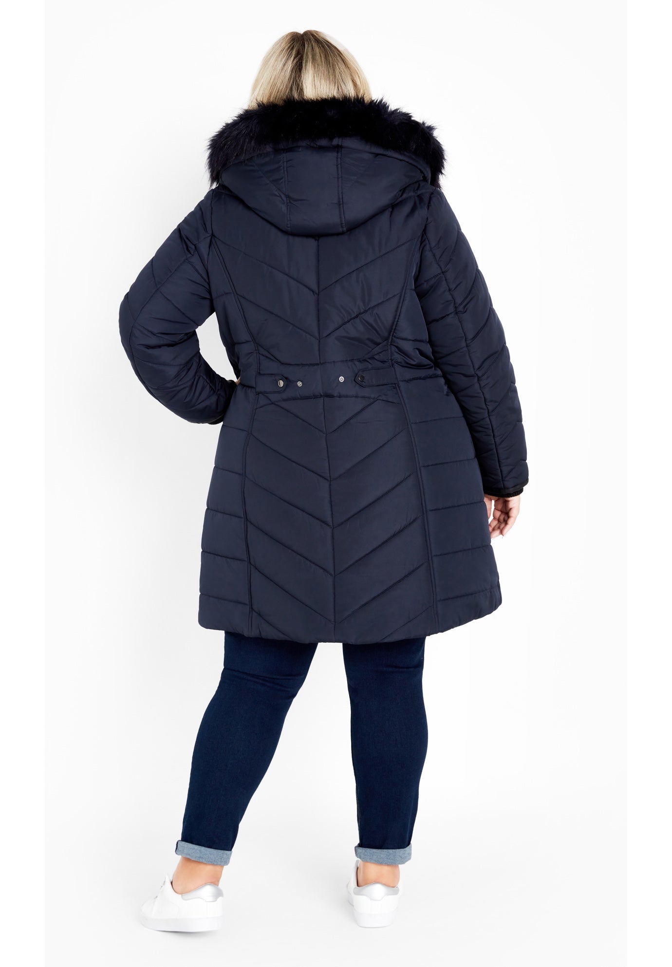 Chevron Faux Fur Hood Long Puffer Coat image number 2