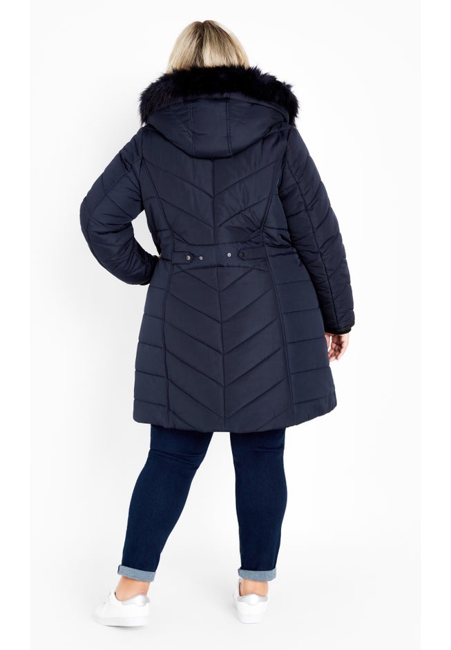 Chevron Faux Fur Hood Long Puffer Coat image number 2