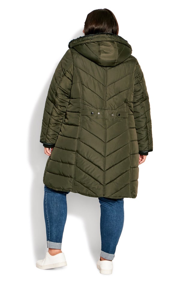 Chevron Faux Fur Hood Long Puffer Coat image number 1