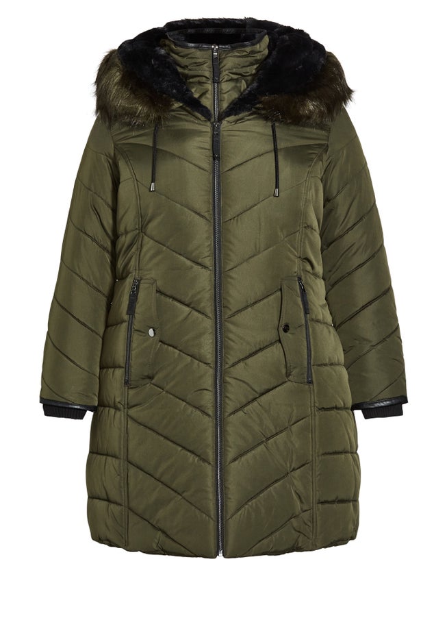 Chevron Faux Fur Hood Long Puffer Coat image number 2