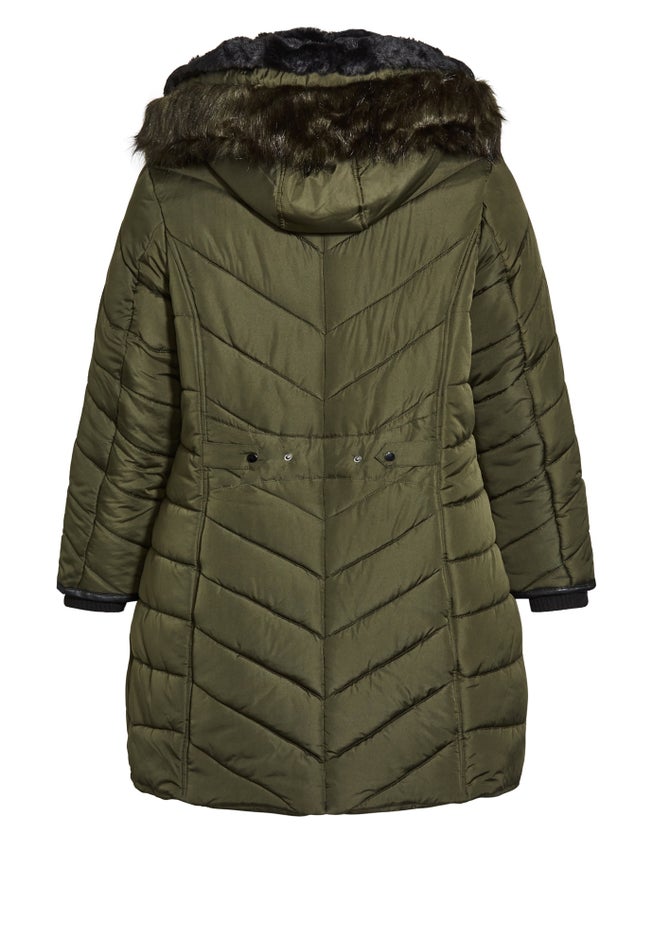 Chevron Faux Fur Hood Long Puffer Coat image number 3