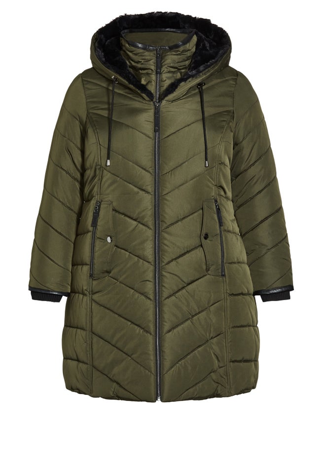 Chevron Faux Fur Hood Long Puffer Coat image number 4