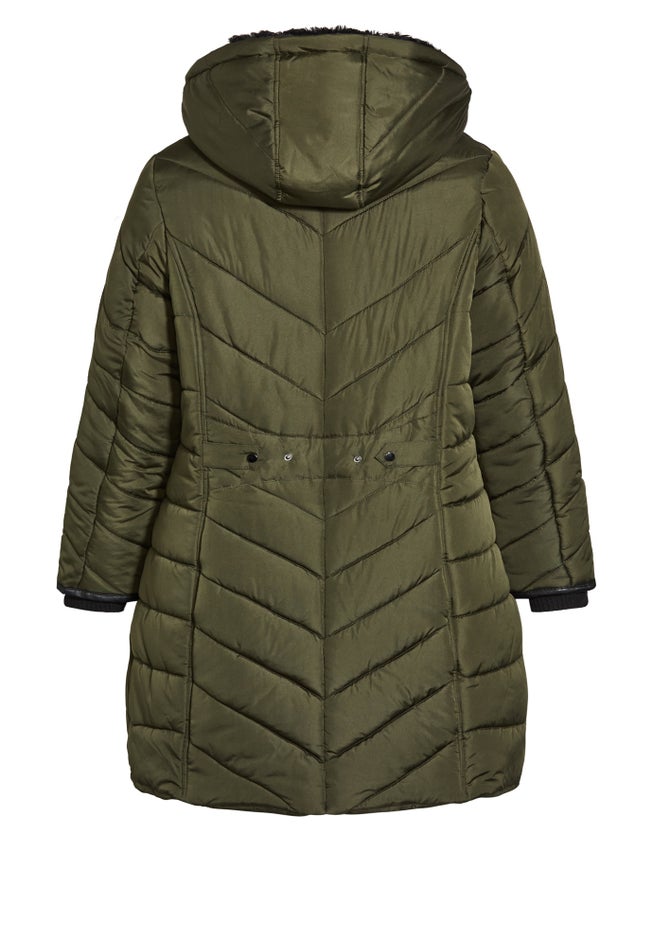 Chevron Faux Fur Hood Long Puffer Coat image number 5