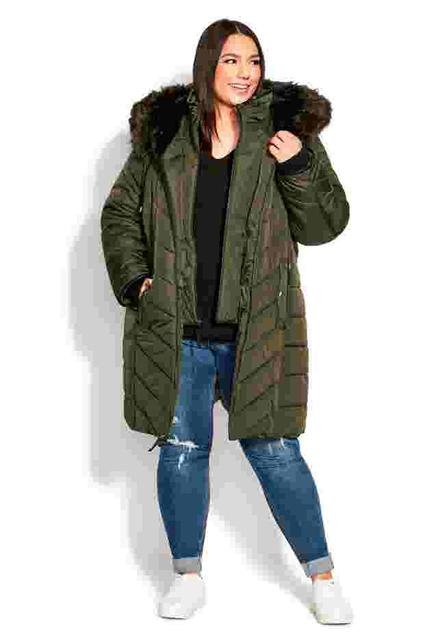 Chevron Faux Fur Hood Long Puffer Coat image number 7
