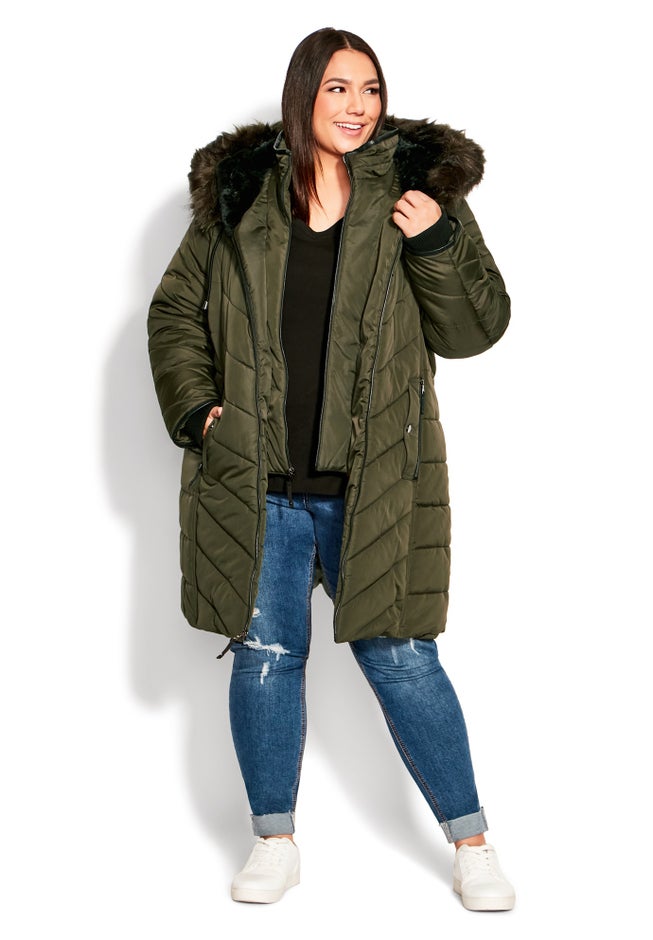 Chevron Faux Fur Hood Long Puffer Coat image number 7