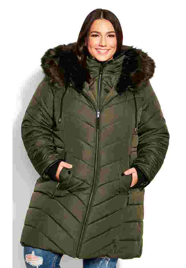 Chevron Faux Fur Hood Long Puffer Coat image number 8