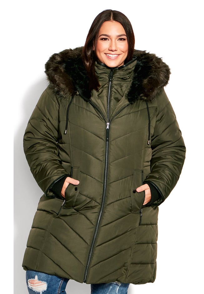 Chevron Faux Fur Hood Long Puffer Coat image number 8