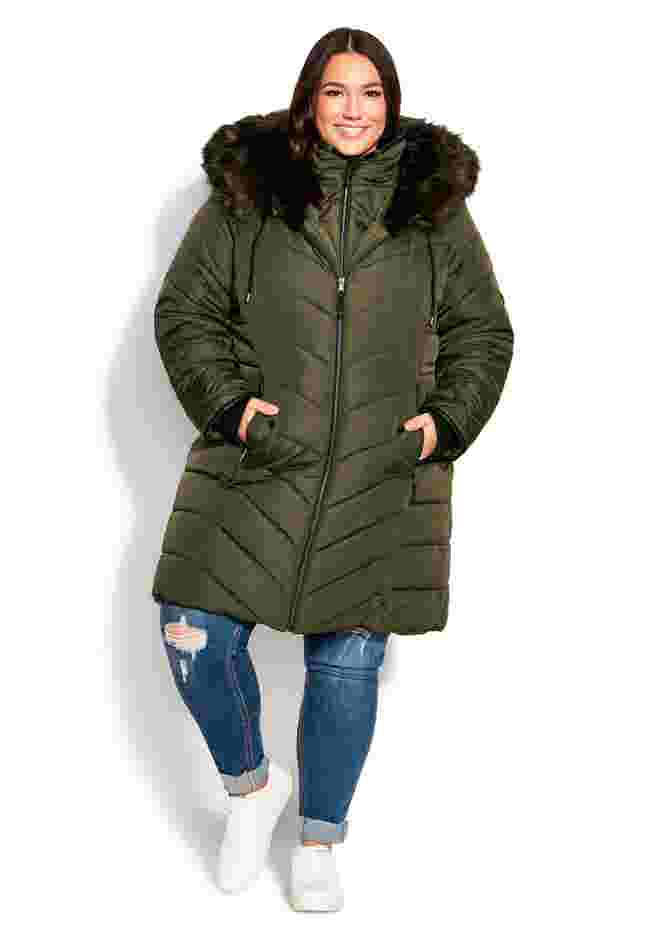 Chevron Faux Fur Hood Long Puffer Coat image number 9