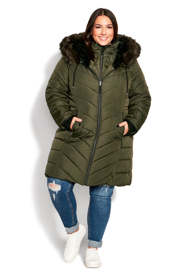 Chevron Faux Fur Hood Long Puffer Coat image number 9
