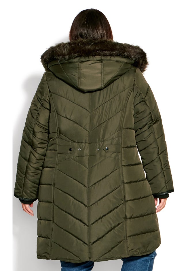 Chevron Faux Fur Hood Long Puffer Coat image number 10