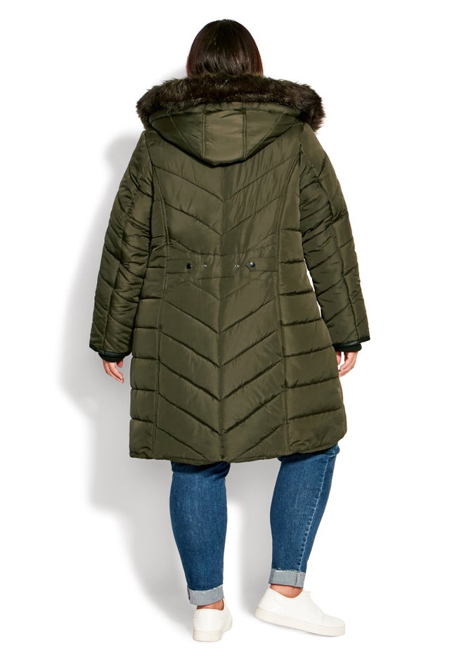 Chevron Faux Fur Hood Long Puffer Coat image number 11