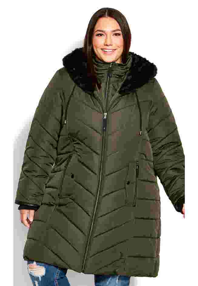 Chevron Faux Fur Hood Long Puffer Coat image number 12