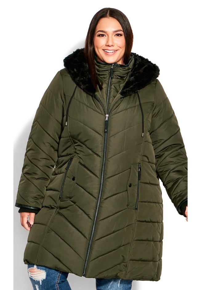 Chevron Faux Fur Hood Long Puffer Coat image number 12