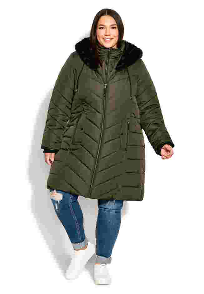 Chevron Faux Fur Hood Long Puffer Coat image number 13