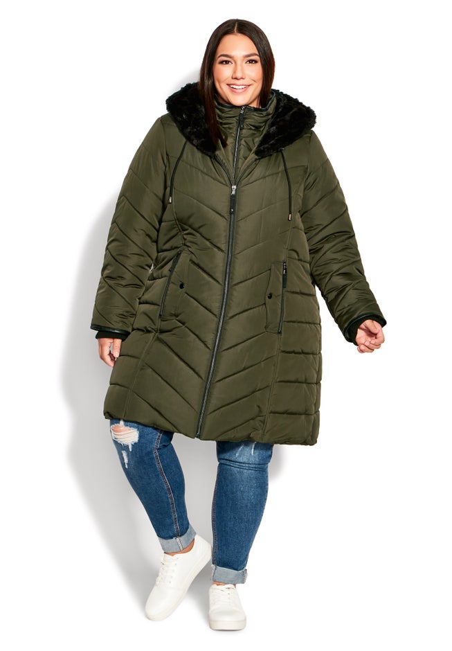 Chevron Faux Fur Hood Long Puffer Coat image number 13
