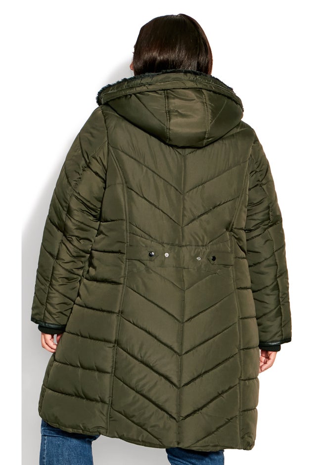 Chevron Faux Fur Hood Long Puffer Coat image number 14