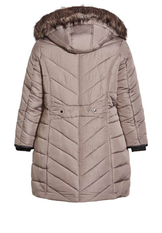 Chevron Faux Fur Hood Long Puffer Coat image number 1