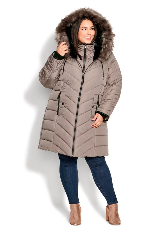 Chevron Faux Fur Hood Long Puffer Coat image number 2