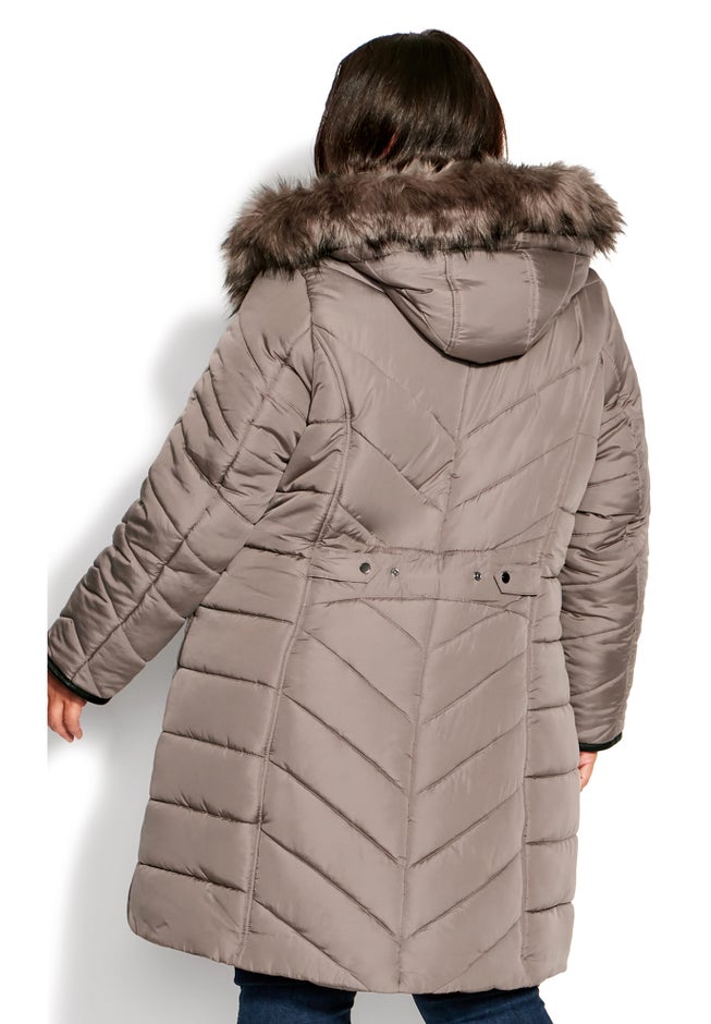 Chevron Faux Fur Hood Long Puffer Coat image number 3