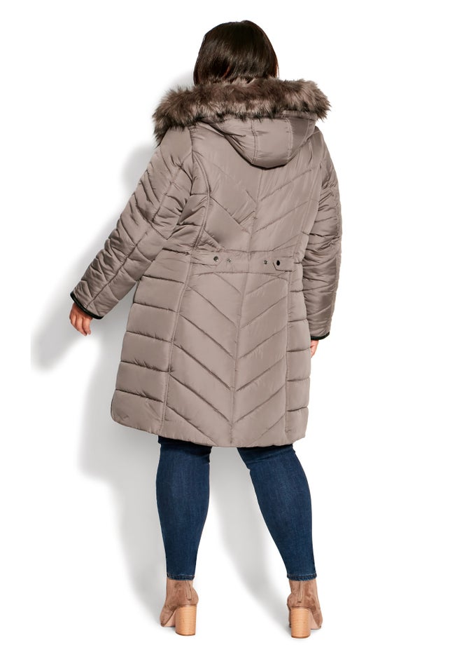Chevron Faux Fur Hood Long Puffer Coat image number 4
