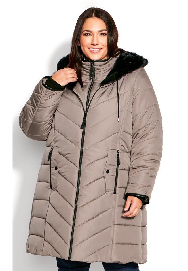 Chevron Faux Fur Hood Long Puffer Coat image number 5