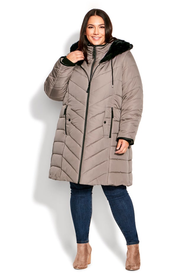 Chevron Faux Fur Hood Long Puffer Coat image number 6