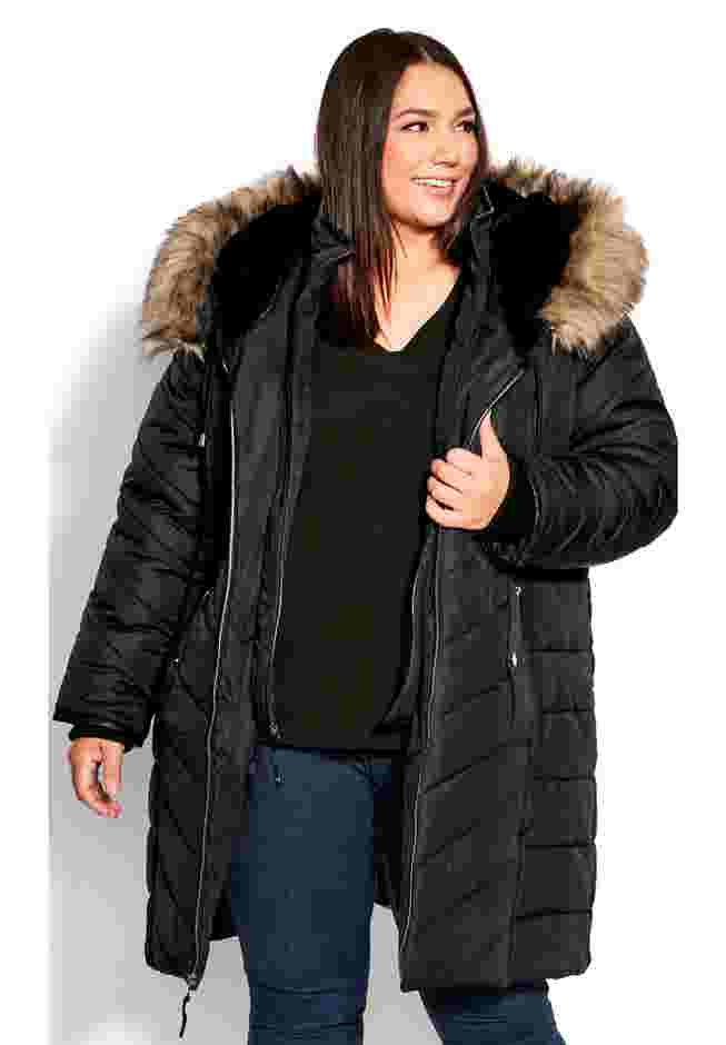 Chevron Faux Fur Hood Long Puffer Coat image number 0