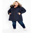 Chevron Faux Fur Hood Long Puffer Coat image number null