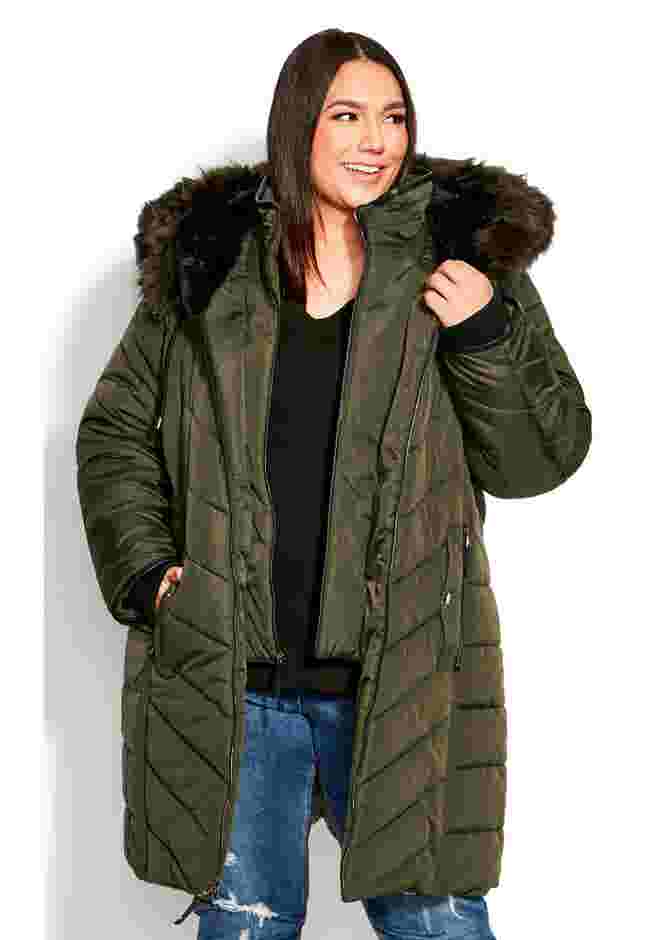 Chevron Faux Fur Hood Long Puffer Coat image number 0