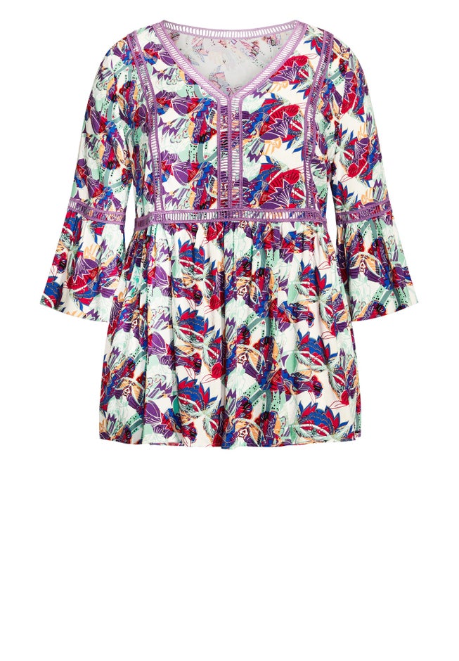 Boho Bell Sleeve Tier Sharkbite Hem Top image number null