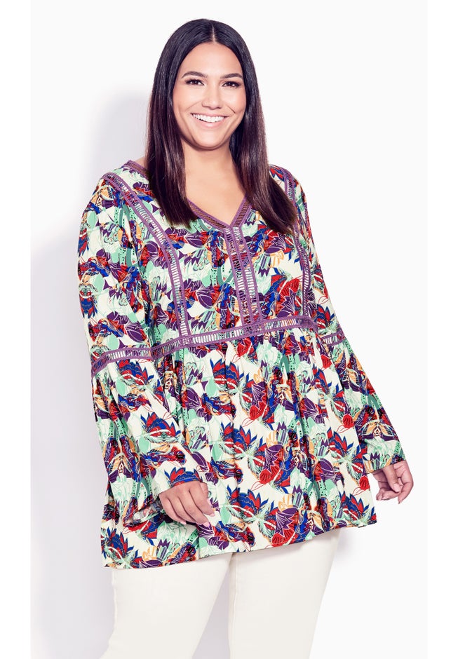 Boho Bell Sleeve Tier Sharkbite Hem Top image number null