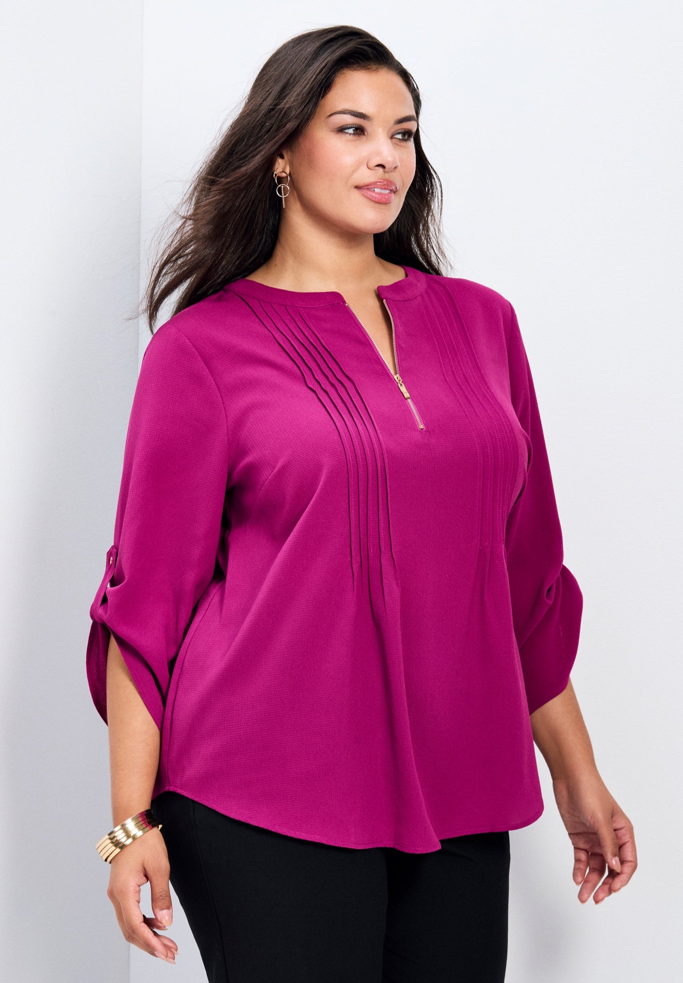 Hailey Zip Front Pintuck Blouse image number 2