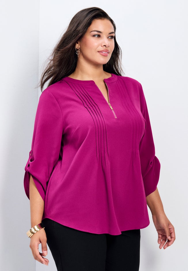 Hailey Zip Front Pintuck Blouse image number 2