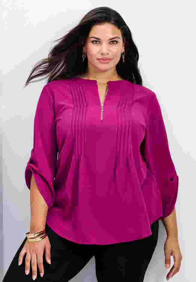 Hailey Zip Front Pintuck Blouse image number 0