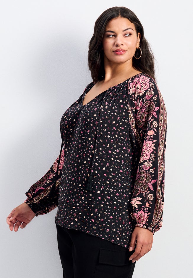 Eliana Border Print Sleeve Peasant Top image number 2