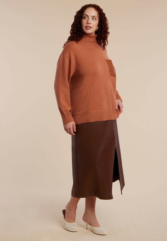 Faux Leather Pocket Turtleneck Sweater image number 1