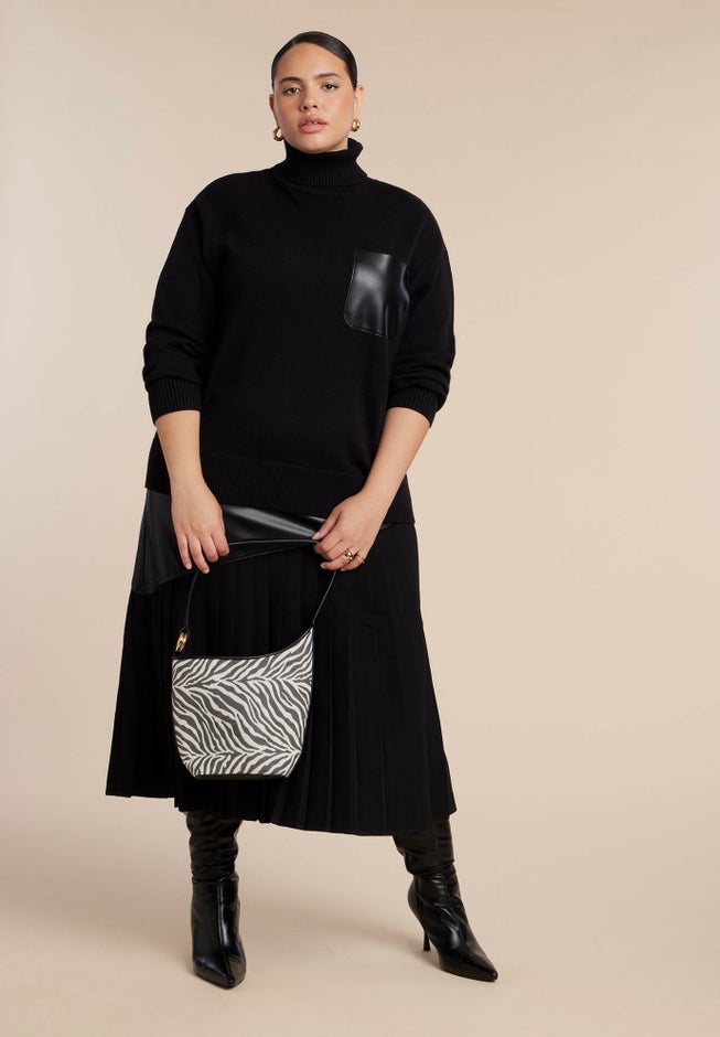 Faux Leather Pocket Turtleneck Sweater image number 1