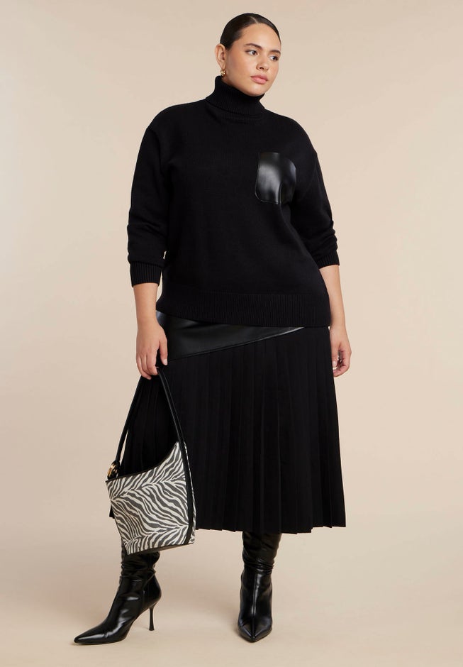 Faux Leather Pocket Turtleneck Sweater image number 2