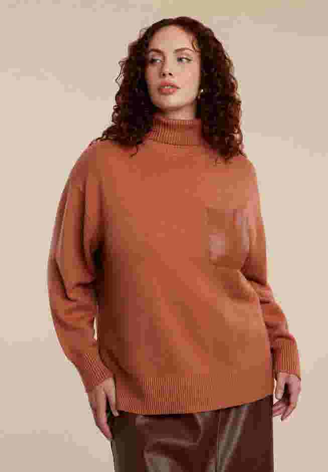 Faux Leather Pocket Turtleneck Sweater image number 0