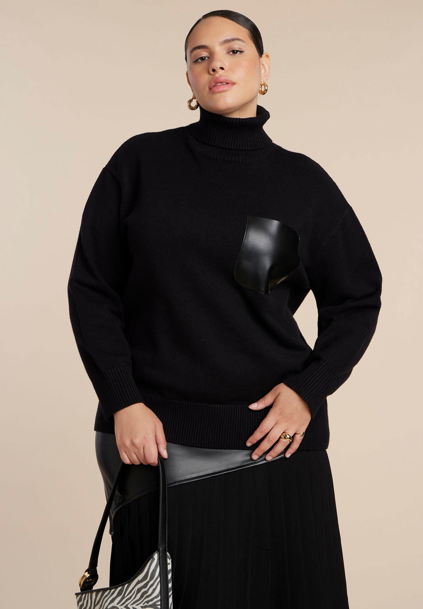 Faux Leather Pocket Turtleneck Sweater image number 0