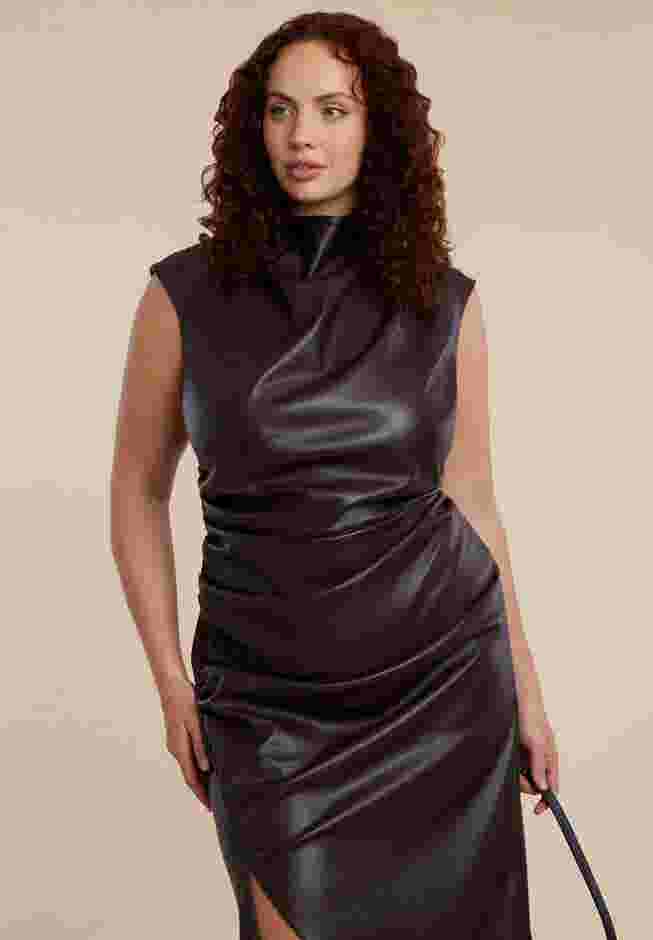 Funnel Neck Faux Leather Midi Dress image number 1