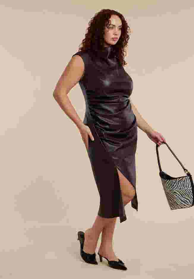 Funnel Neck Faux Leather Midi Dress image number 2