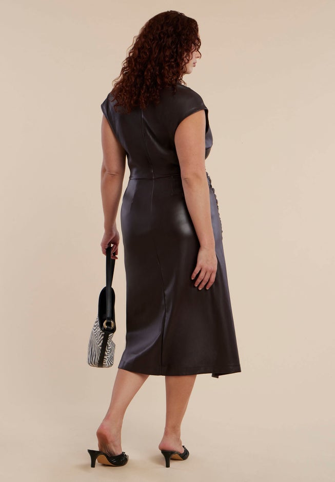 Funnel Neck Faux Leather Midi Dress image number 3