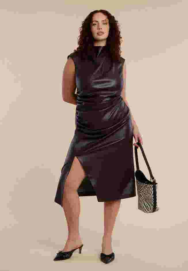Funnel Neck Faux Leather Midi Dress image number 0