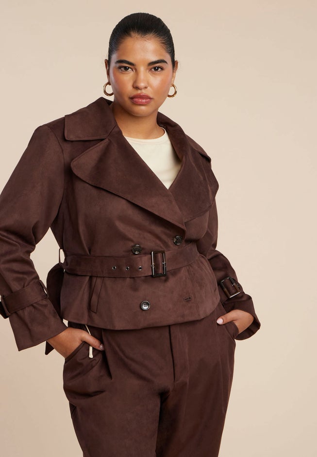 Cropped Faux Suede Trench Jacket image number 0