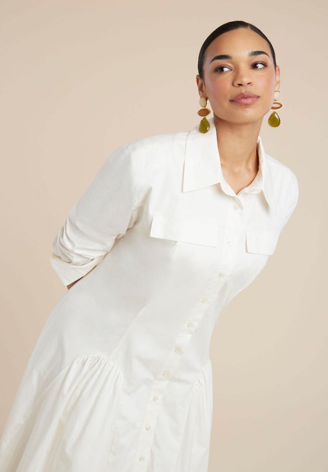Shirred Godet Flare Poplin Dress image number 2