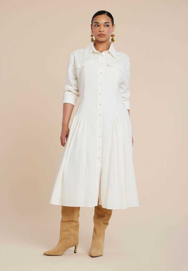 Shirred Godet Flare Poplin Dress image number 0